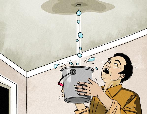 Cartoon of man holding bucket to catch big water droplets coming through ceiling