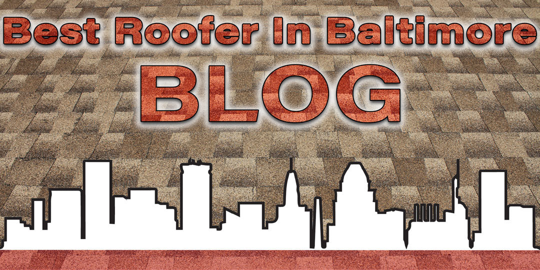 Best Roofer In Baltimore Blog written in semi-transparent text over a newly shingled roof and above the Charm City Roofing skyline