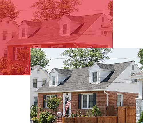 A new architectural shingle roof in Fox Hollow Gray on a cape cod style home in Halethorpe, MD